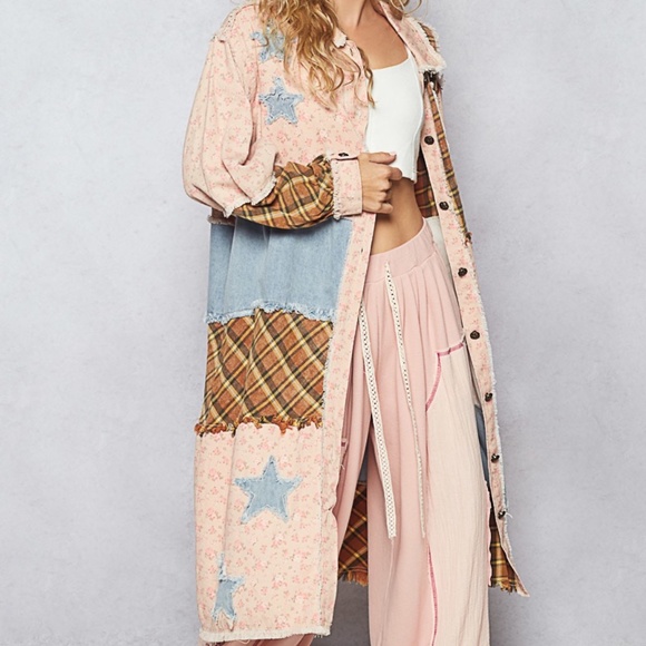 New POL Balloon Sleeve Relaxed Fit Twill Long Shirt Shacket Lightweight Pink - Picture 6 of 8